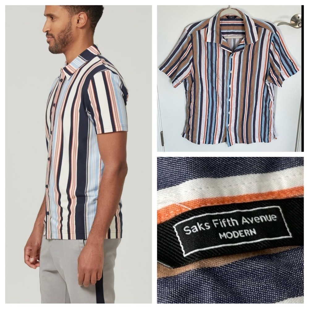 Saks Fifth Avenue men’s striped button down short sleeve Shirt 54171